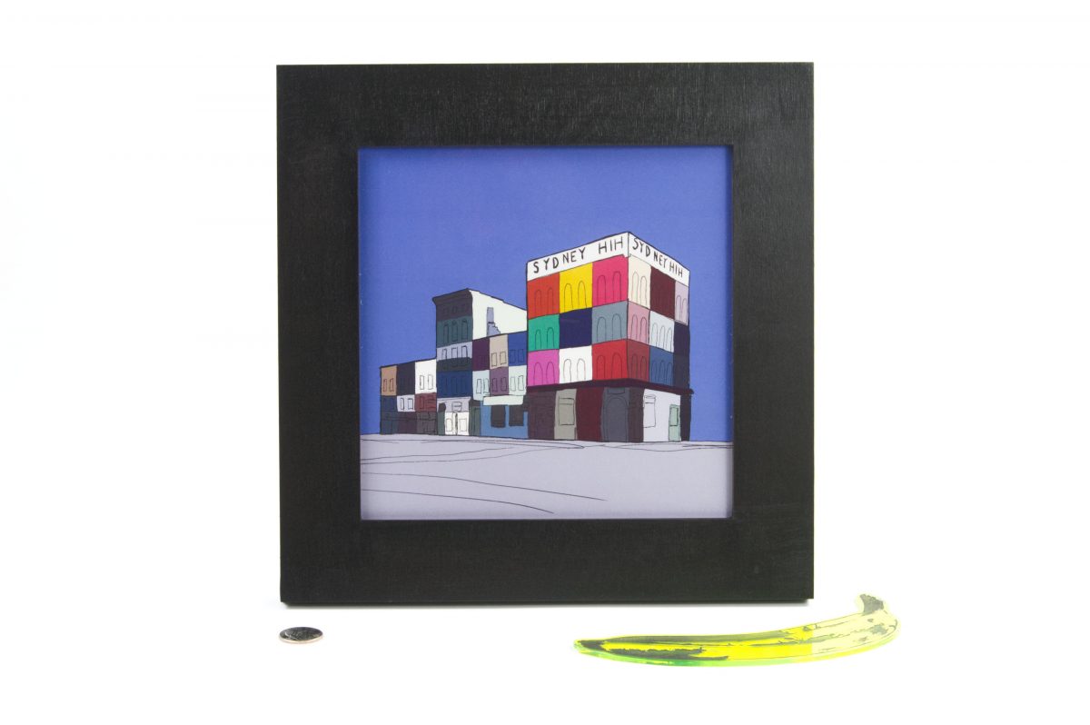A framed Sydney Hih Illustration for WMSE Art & Music