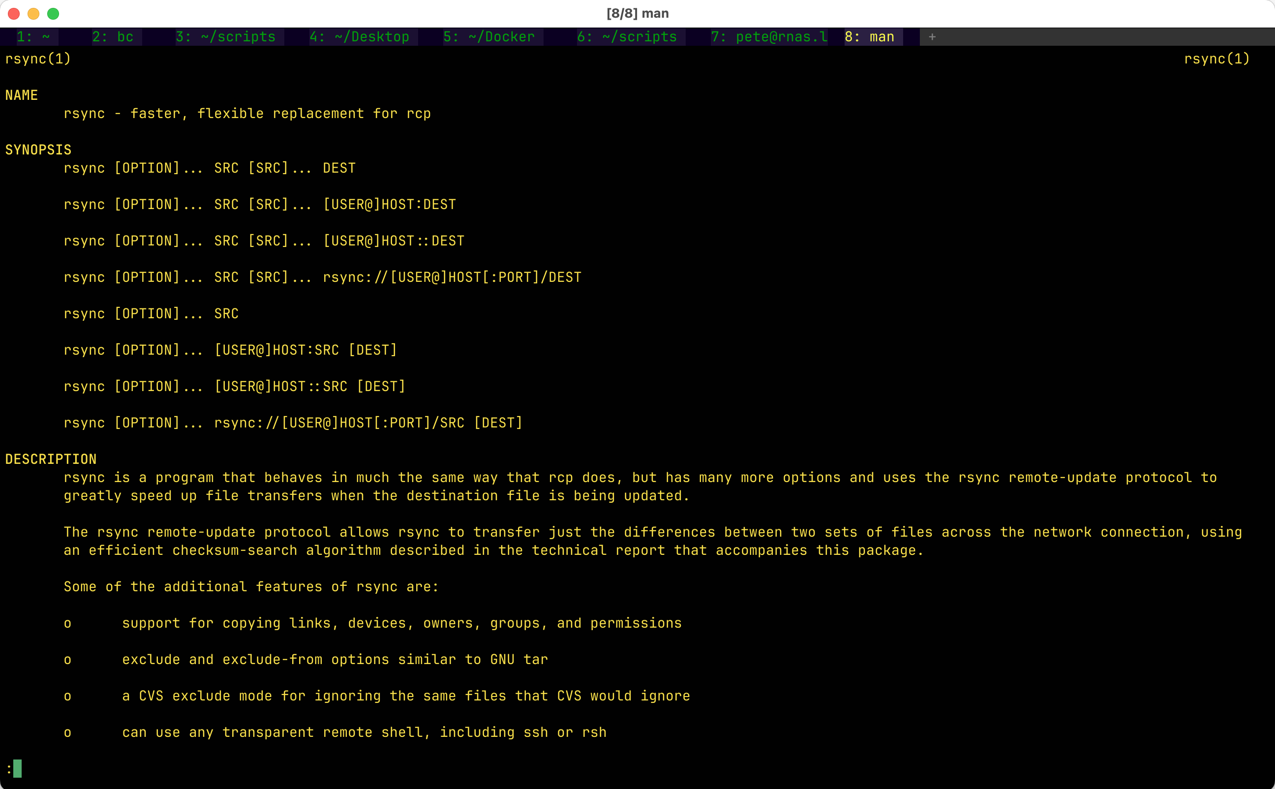 A shell windows with man rsync