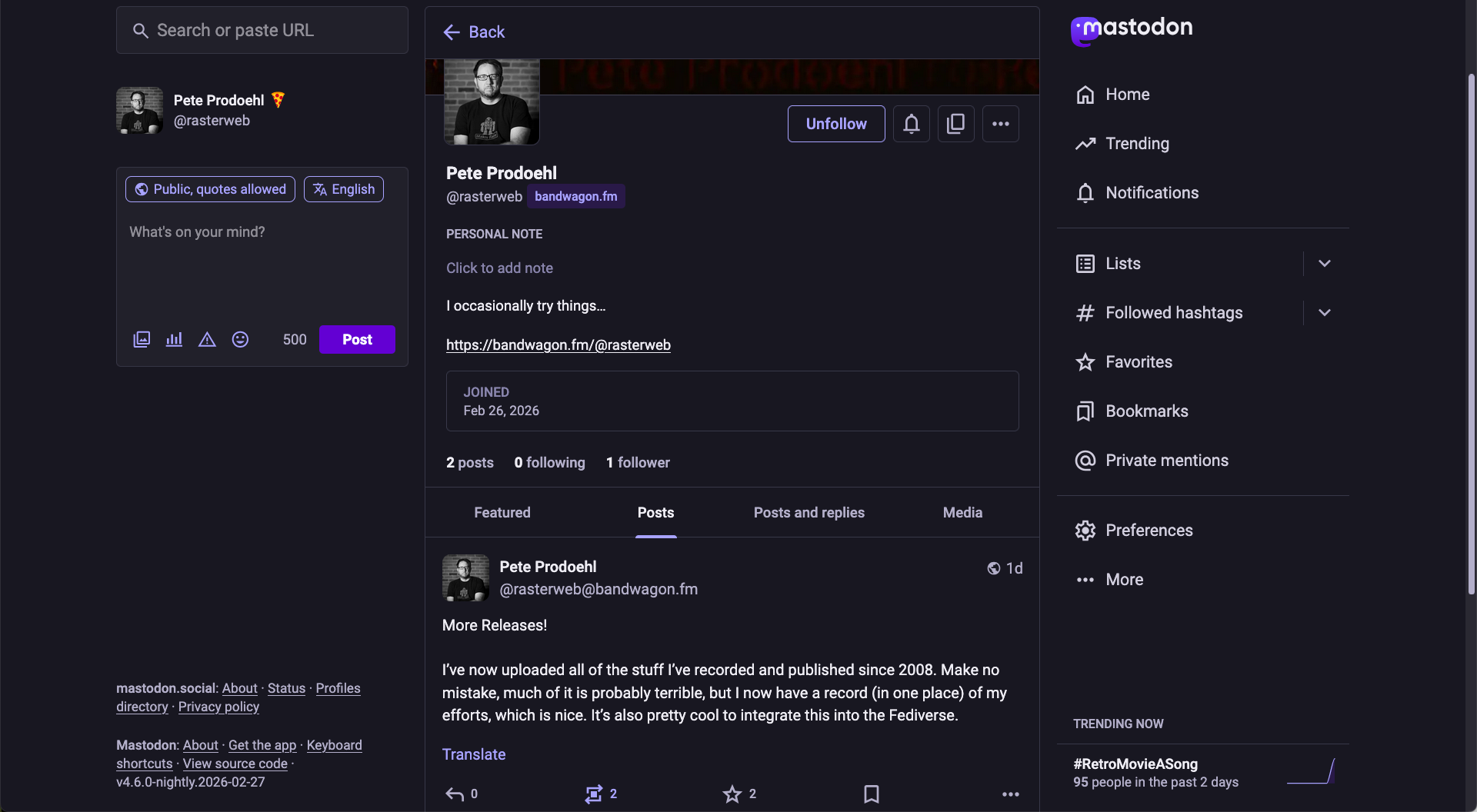 Bandwagon.fm user on Mastodon