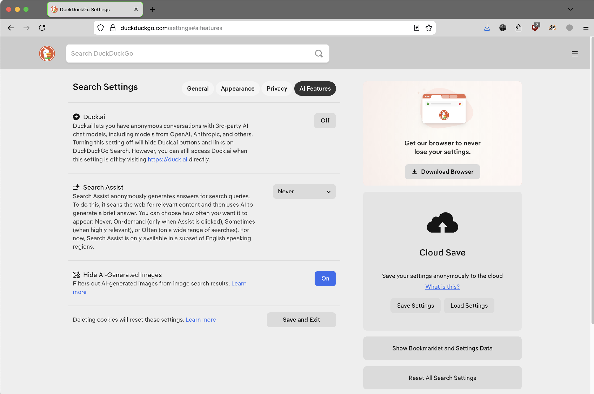 DuckDuckGo AI Settings